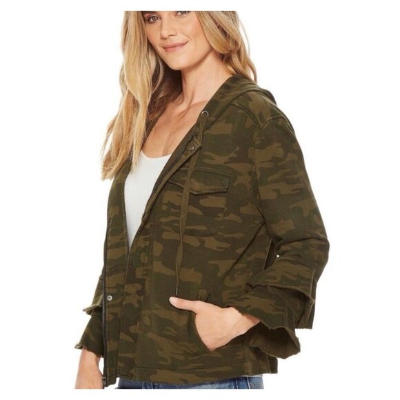 Sanctuary Green Camo Hooded Utility Jacket Womens Size Medium 100% Cotton Ruffle - Picture 1 of 11